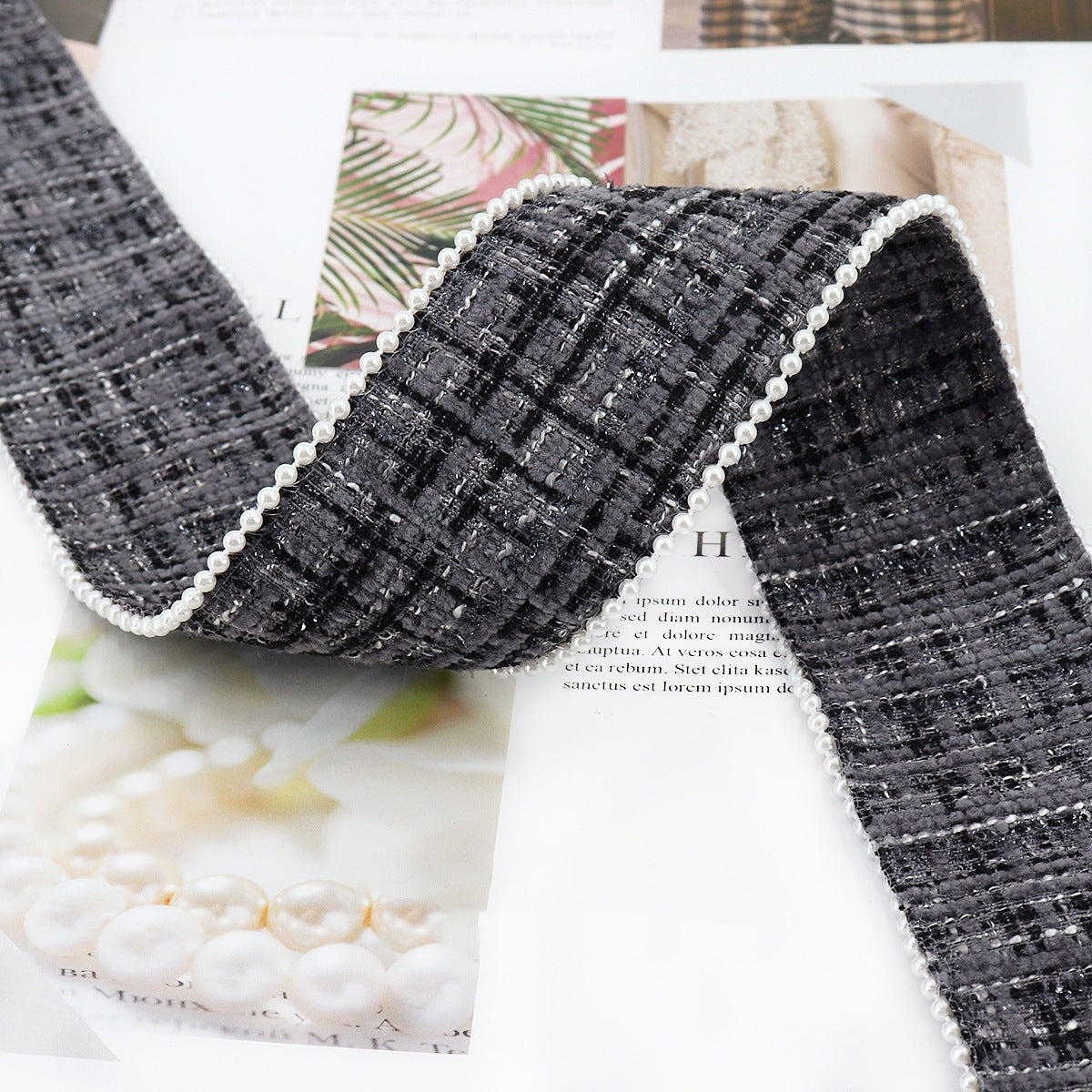 Charcoal gray checkered flannel ribbon with white bead edge, 38 mm width