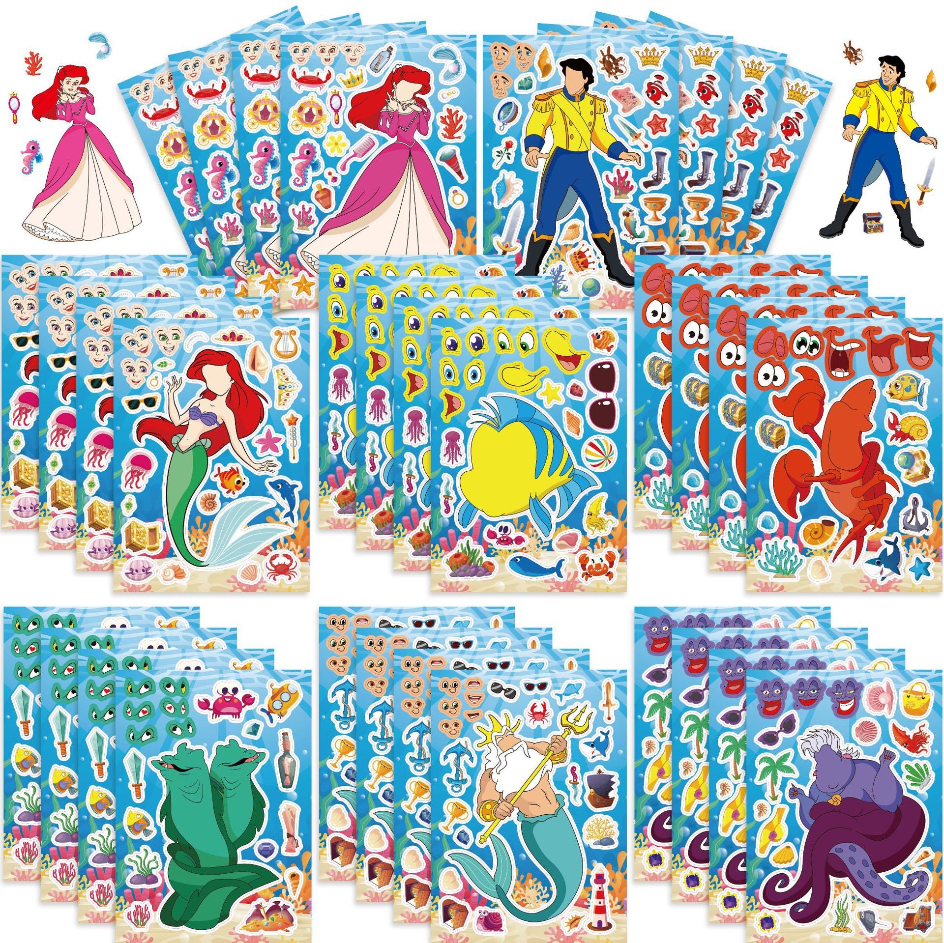 32Pcs Cartoon Mermaid Make a Face Stickers for Kids Girls