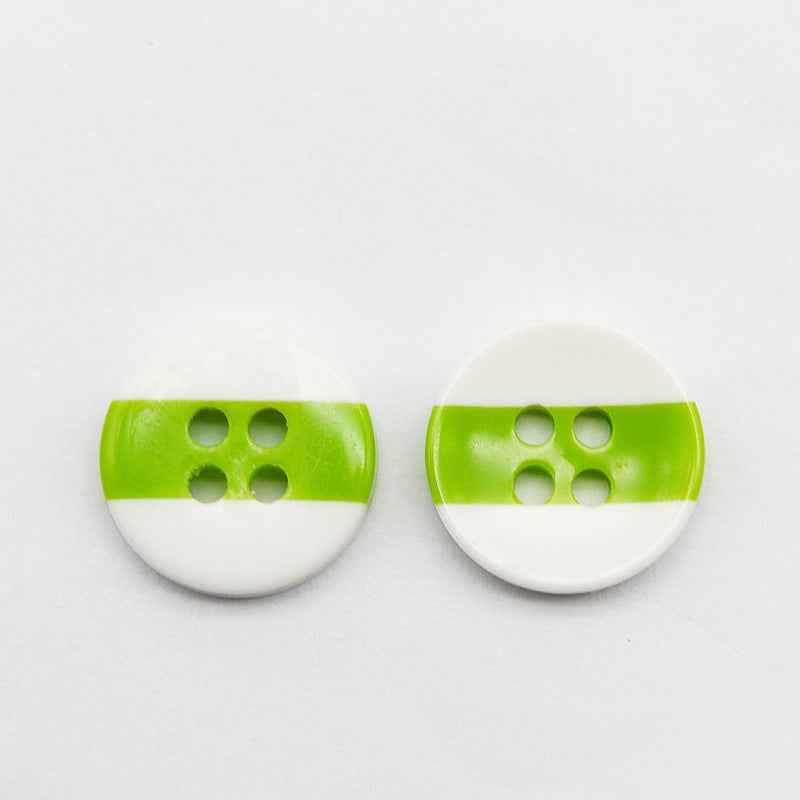 Dual-tone round resin button, 4-hole: light green top on white base