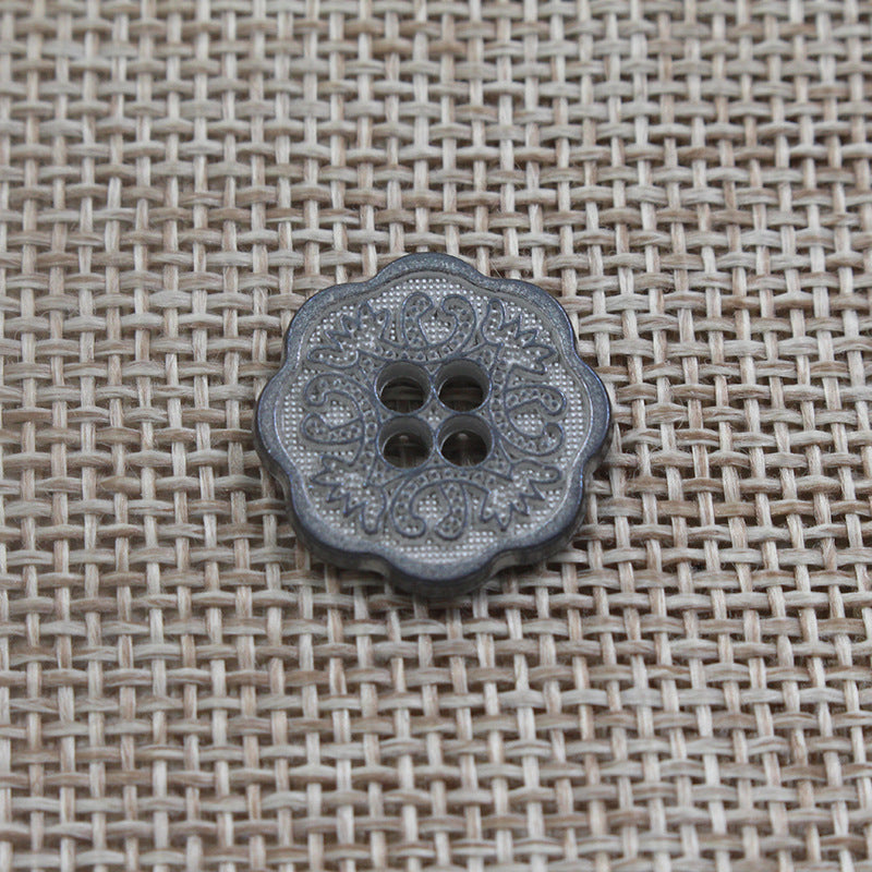Dark gray vintage floral 4-hole alloy button with engraved circular motif