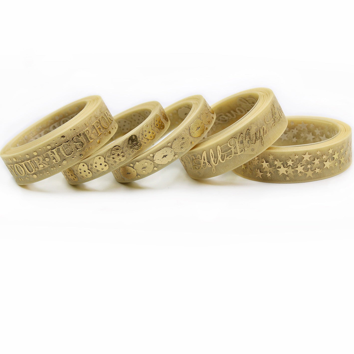 Cream gauze ribbon rolls with “FOR YOU” gold-foil lettering on white background, 16mm
