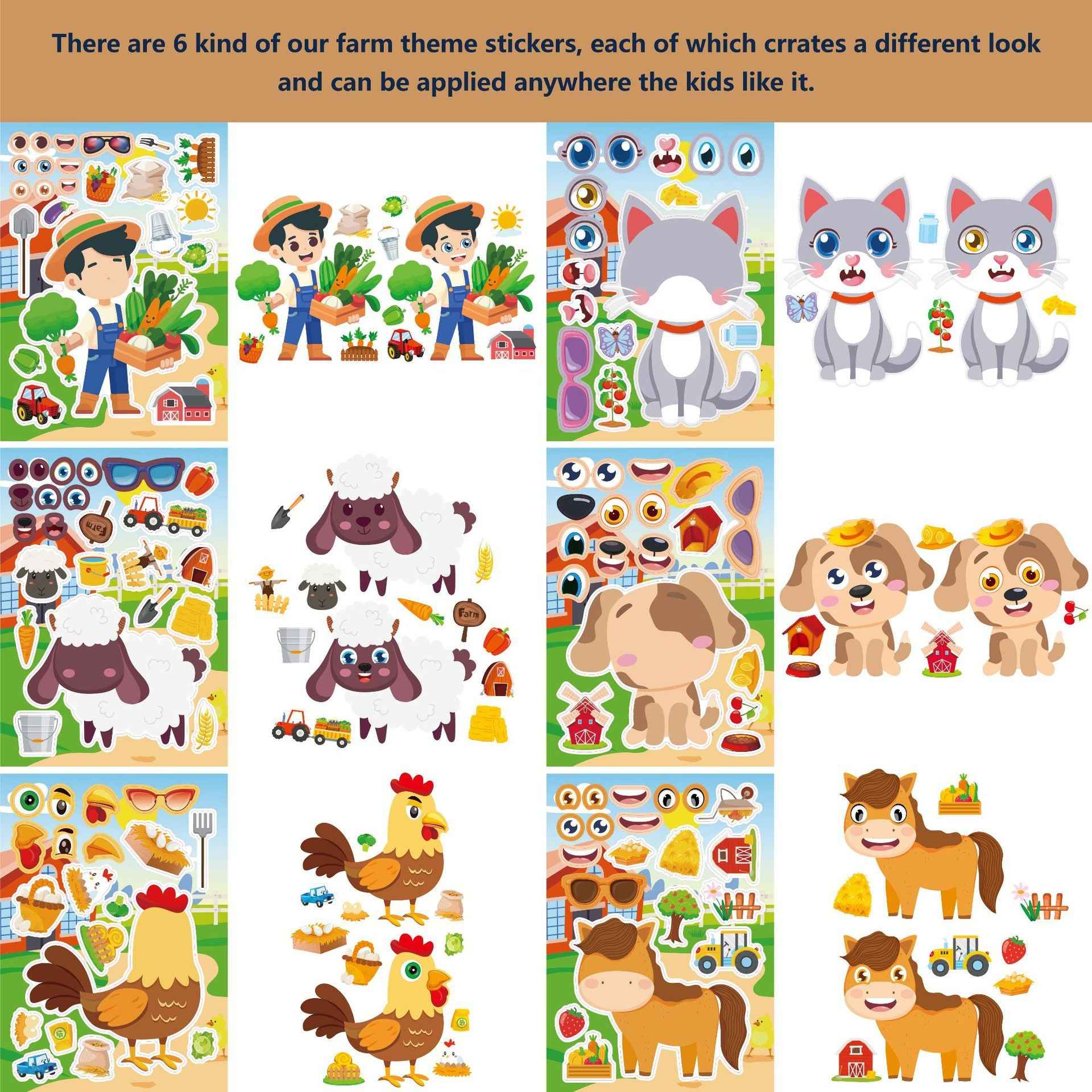 Make a Face Anime Farm Animals Stickers for Kids 24 Sheets