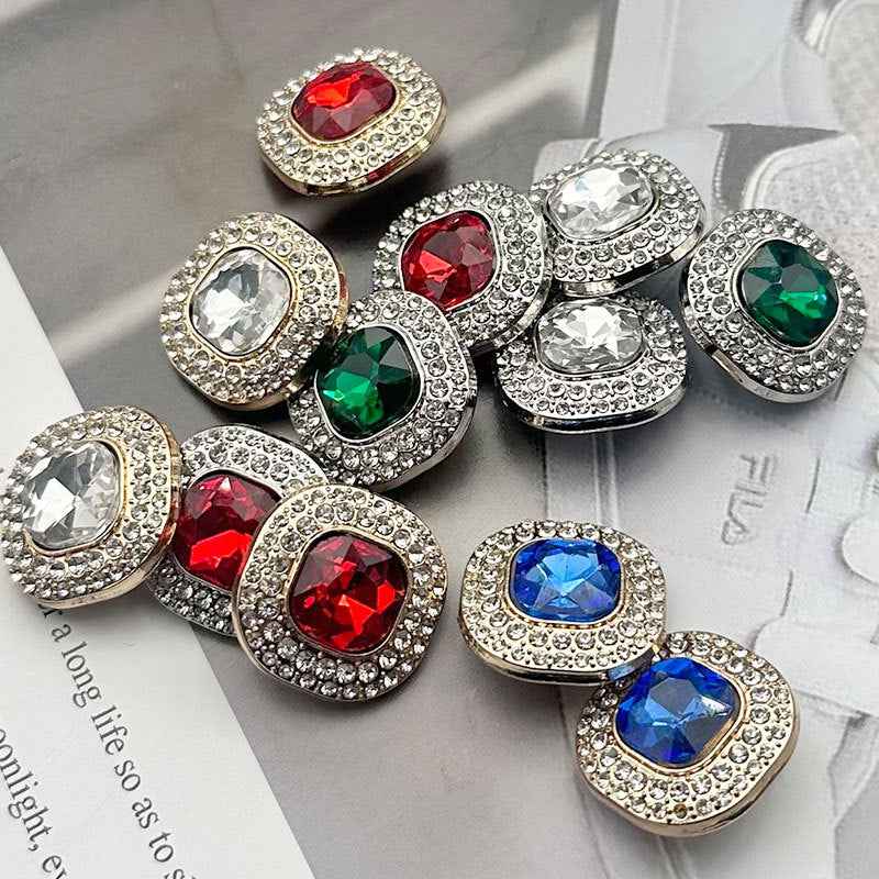 Gem-studded shank buttons assortment: red, green, and clear square-cut gems in rhinestone halos