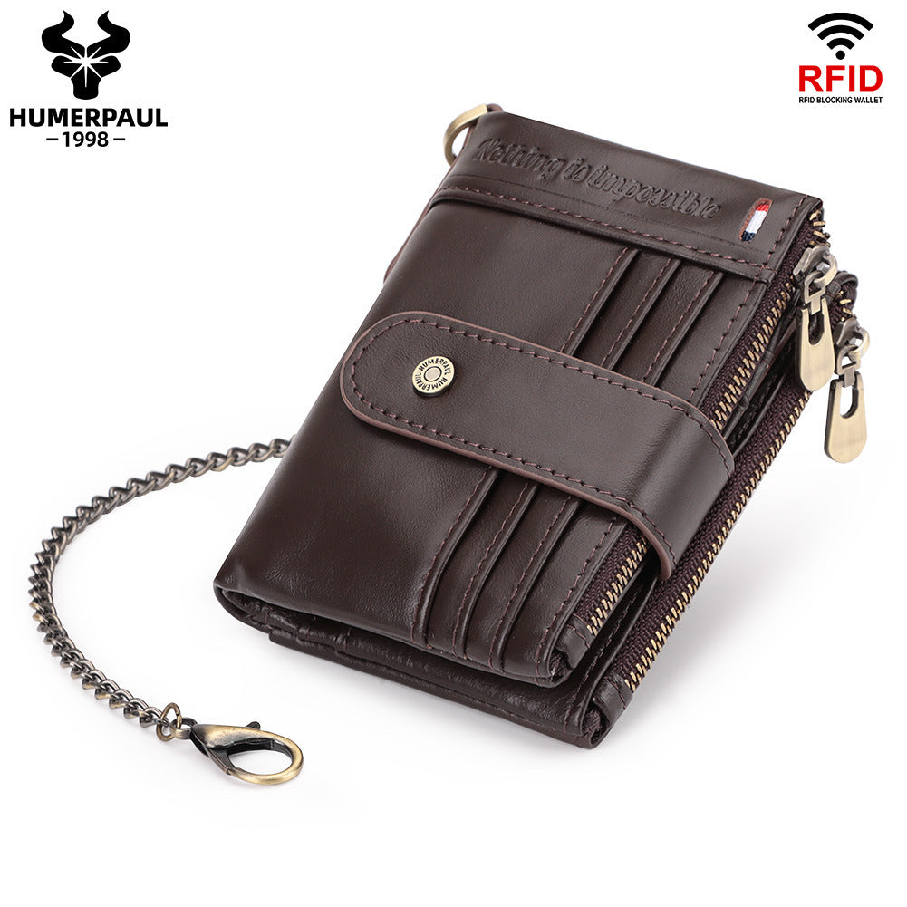 RFID Genuine Leather Card Holder Men's Wallet Double Zipper Dark Brown