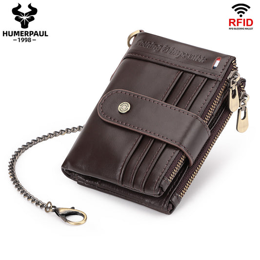 RFID Genuine Leather Card Holder Men's Wallet Double Zipper Dark Brown