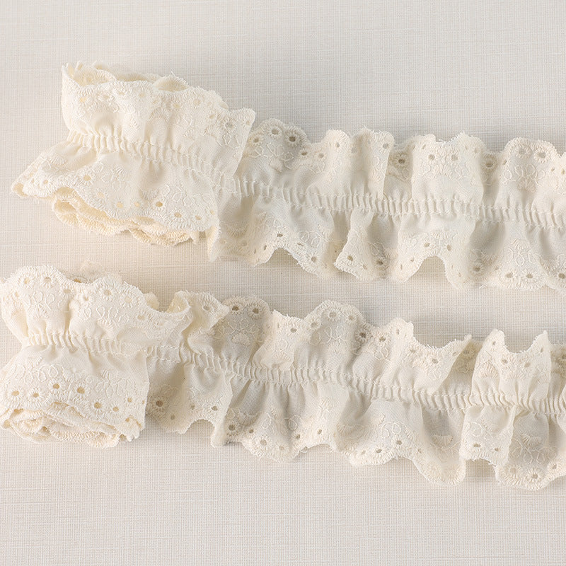 Beige 3D cotton pleated lace trim, double-sided lace bands with eyelet dots and frilled hem