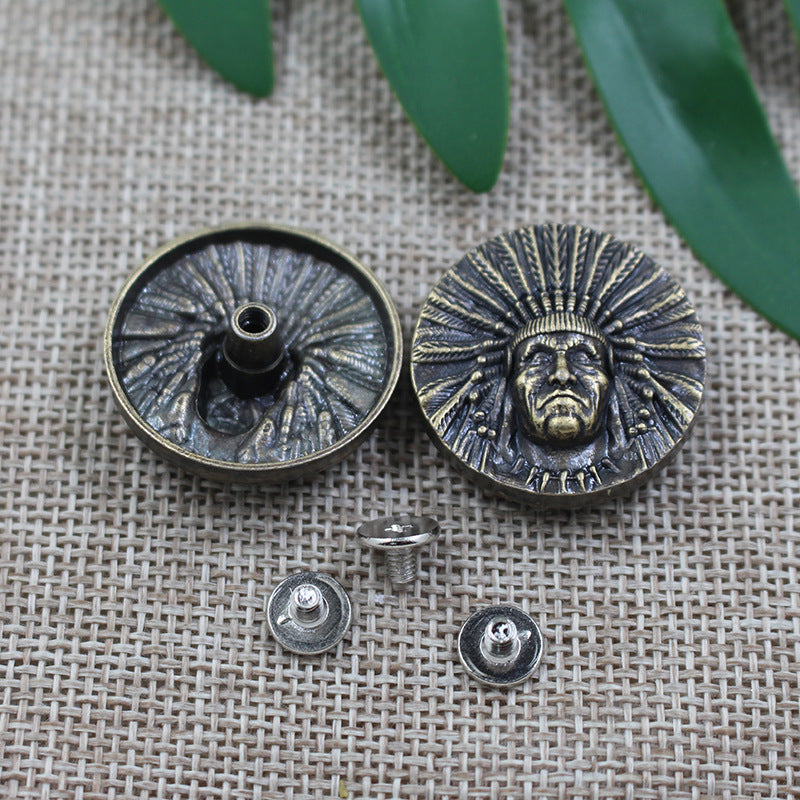 Antique silver 28mm chief stud buttons for wallets; two front discs and two metal backs