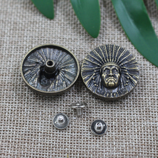 28mm Vintage Native American Chief Metal Stud Wallet Button 50pcs Antique Bronze