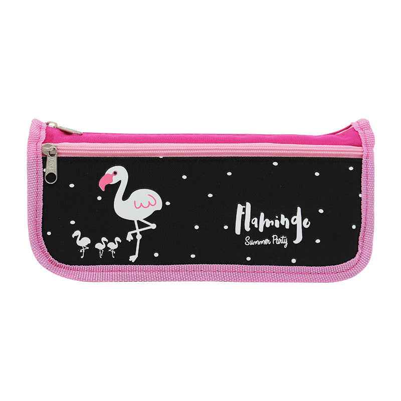 Cute Flamingo Print Double Zipper Pencil Case Stationery Organizer