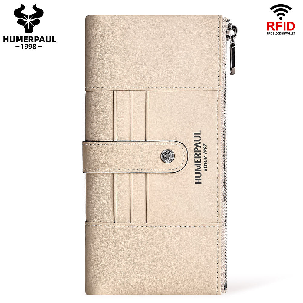Women's Genuine Leather Long Wallet — RFID Blocking Clutch Beige