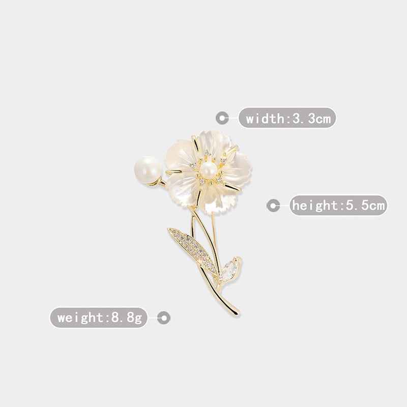Camellia brooch pin with white pearls and clear zircon, gold-tone alloy flower design