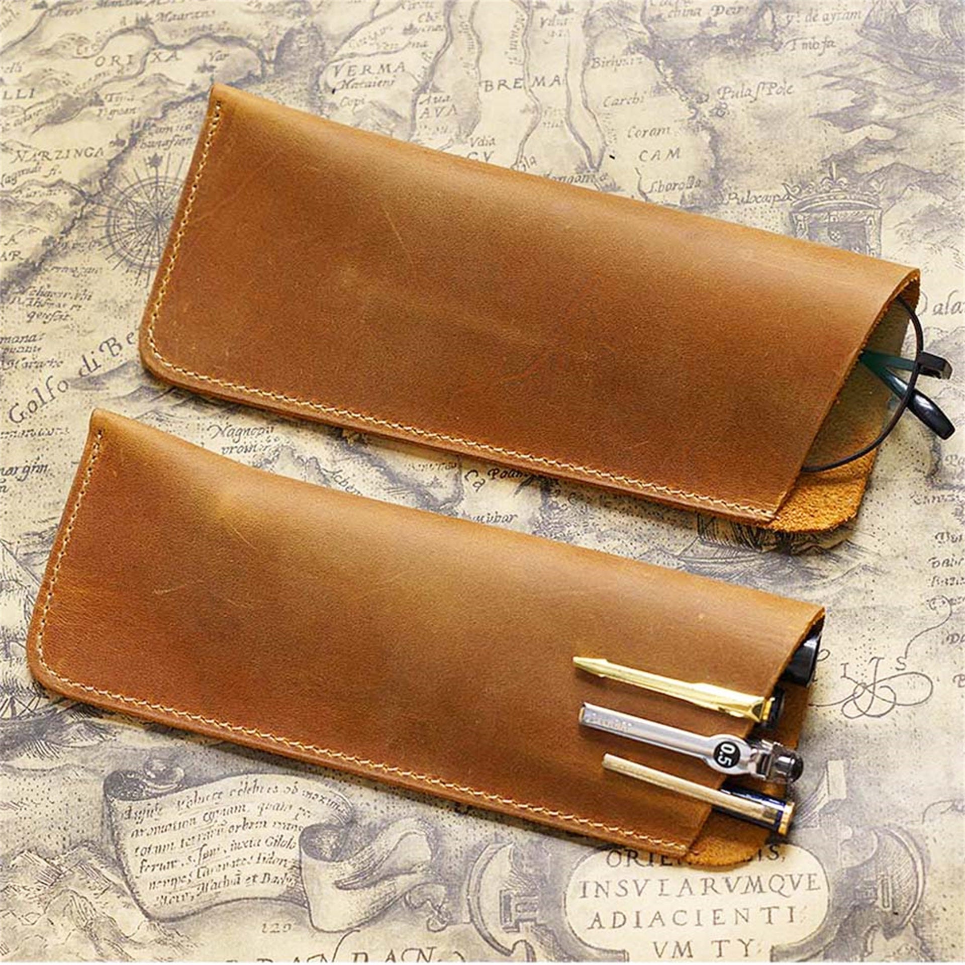 Vintage Crazy Horse Leather Pen Pouch Sleeve Eyeglasses Holder