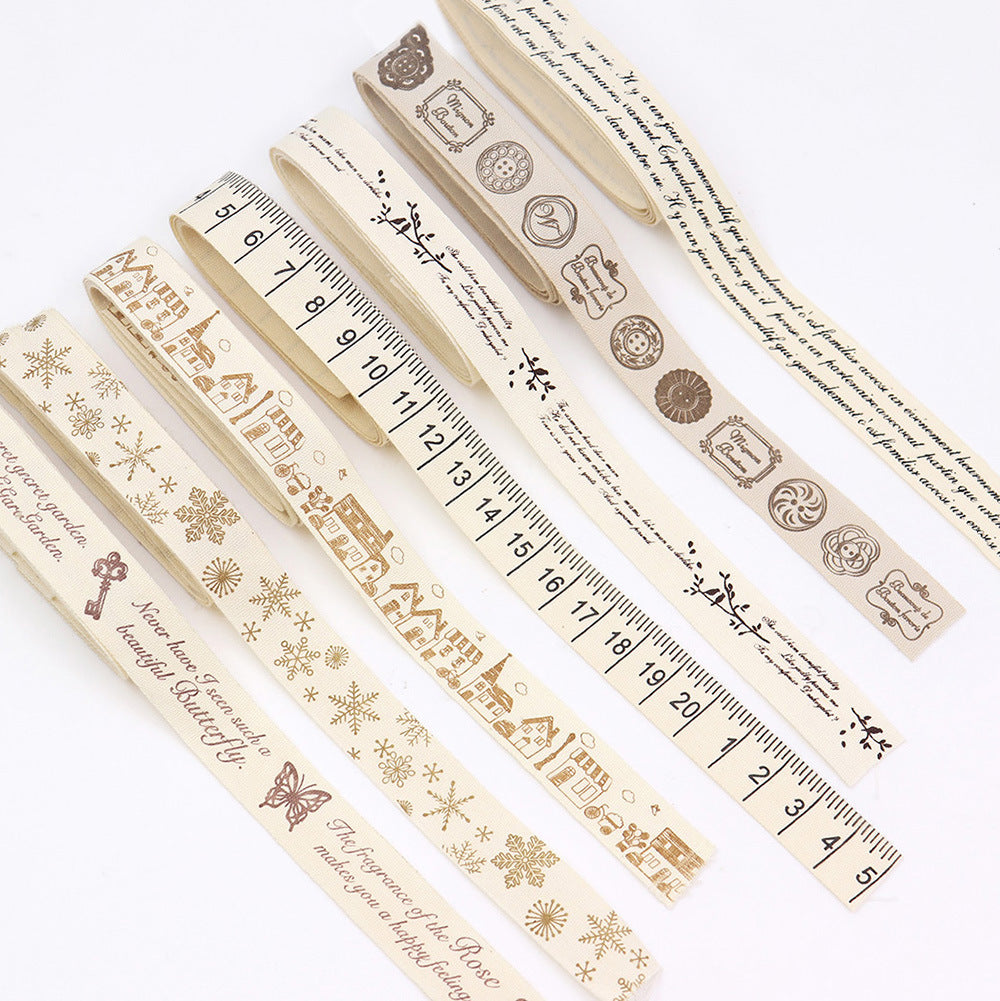 Handgemachtes Baumwoll-Leinen-Band, cremefarben, bedruckt mit Vintage-Schlüssel-Motiven (7er Set)