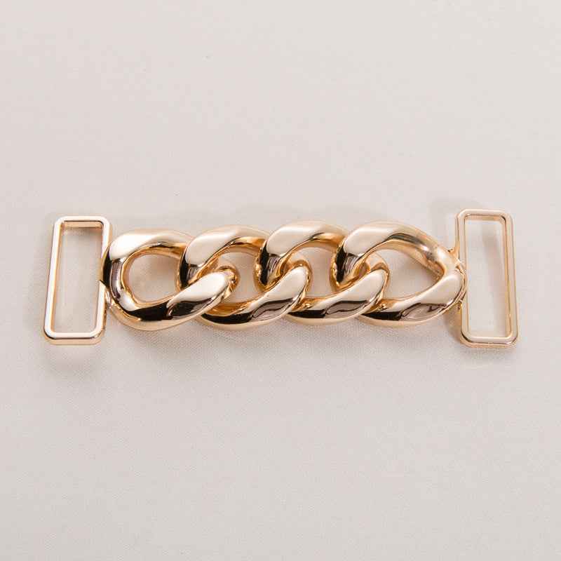 Decorative chain buckle, gold tone; two rectangular prongs with interlocking link chain, 95mm