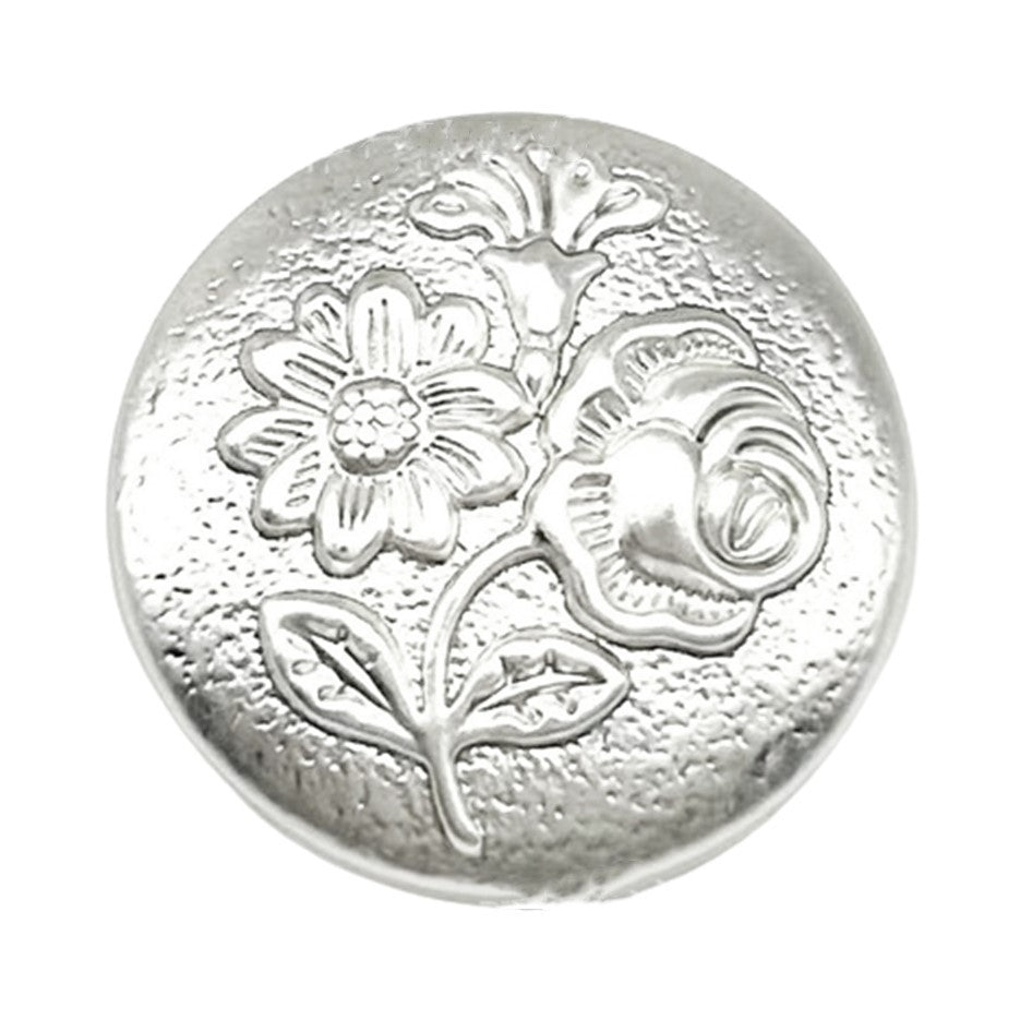 Silver round metal shank button with embossed three-flower and rose motif