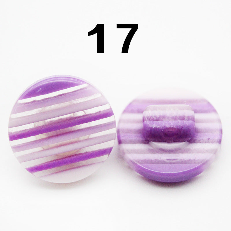 Rainbow striped resin shirt button, round, lavender/purple stripes with shank back; Color 17