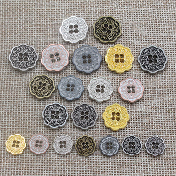 Vintage floral 4-hole alloy buttons set, mixed colors with ornate round design