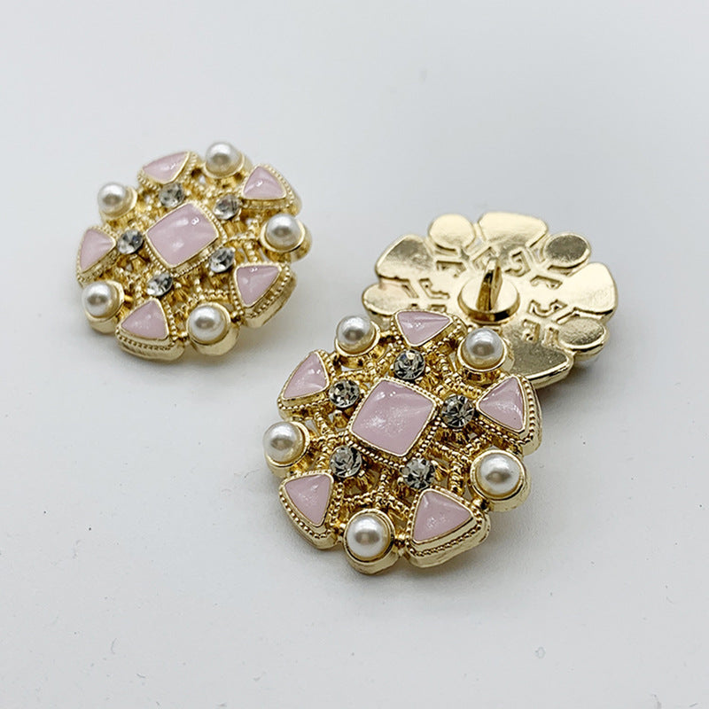 Lilac-pink round rhinestone shank buttons with faux pearls and gemstone inlays