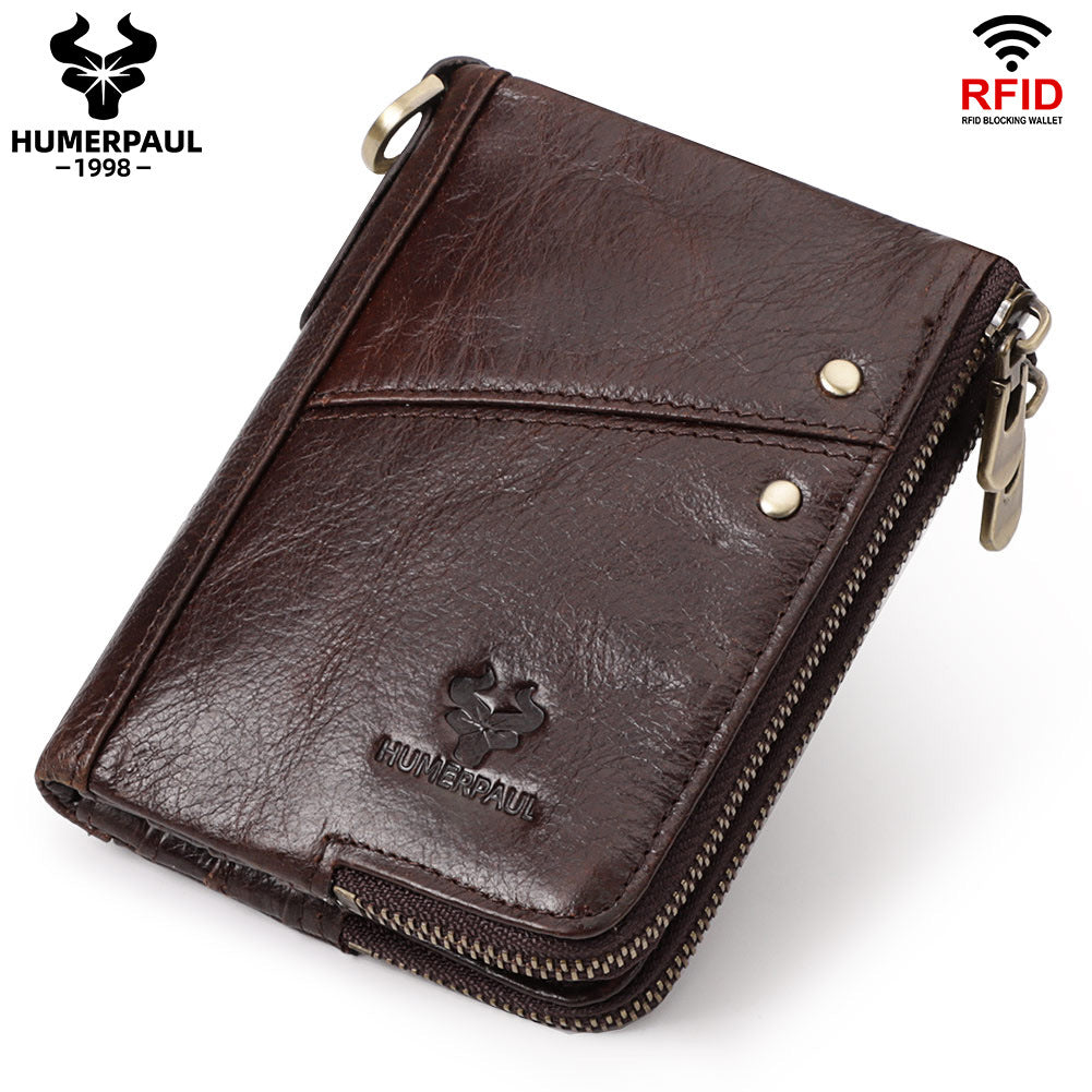 RFID Blocking Leather Short Wallet with Double Zipper Coffee