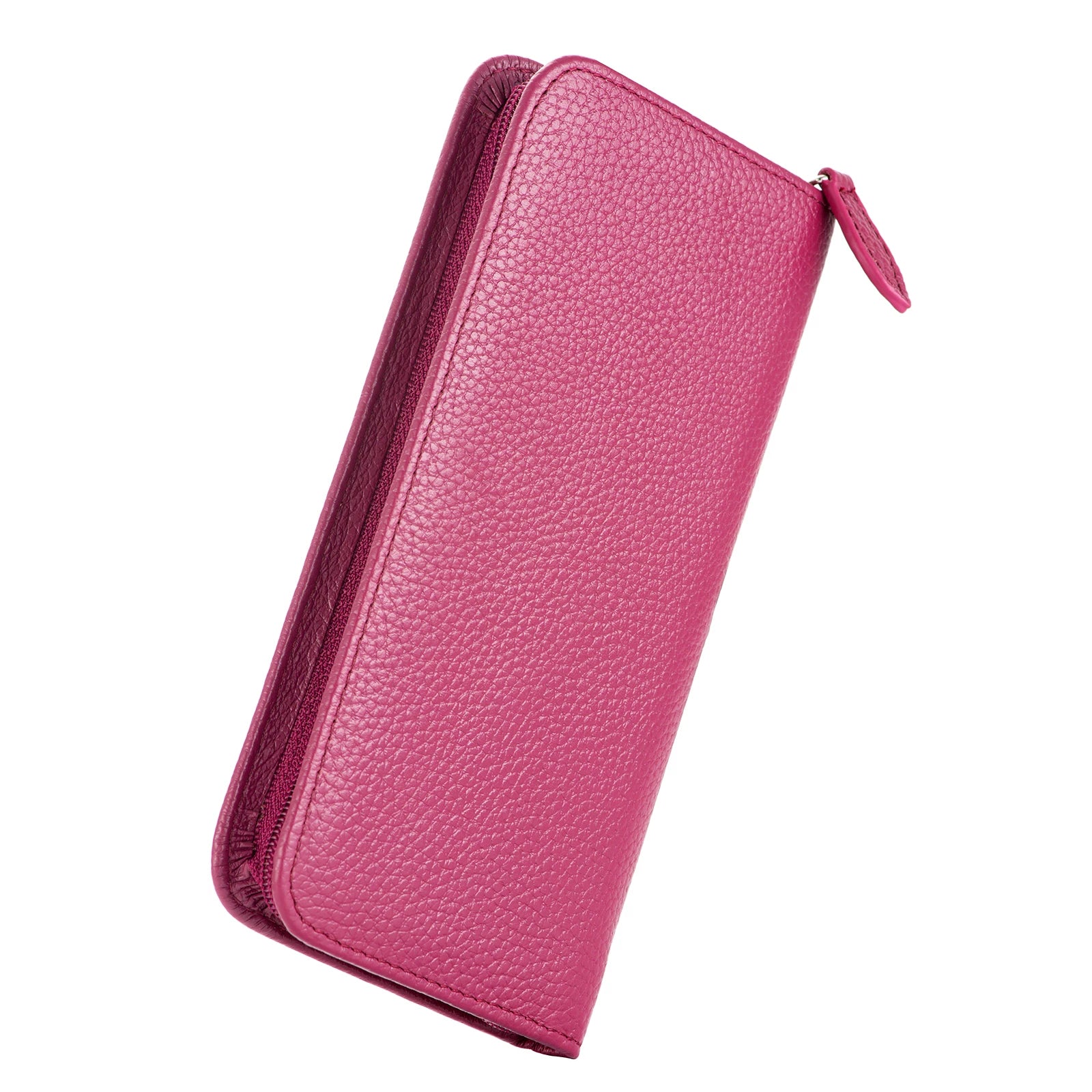 Asvine 3-Pen Top-Grain Cowhide Leather Zipper Fountain Pen Case Rose Red