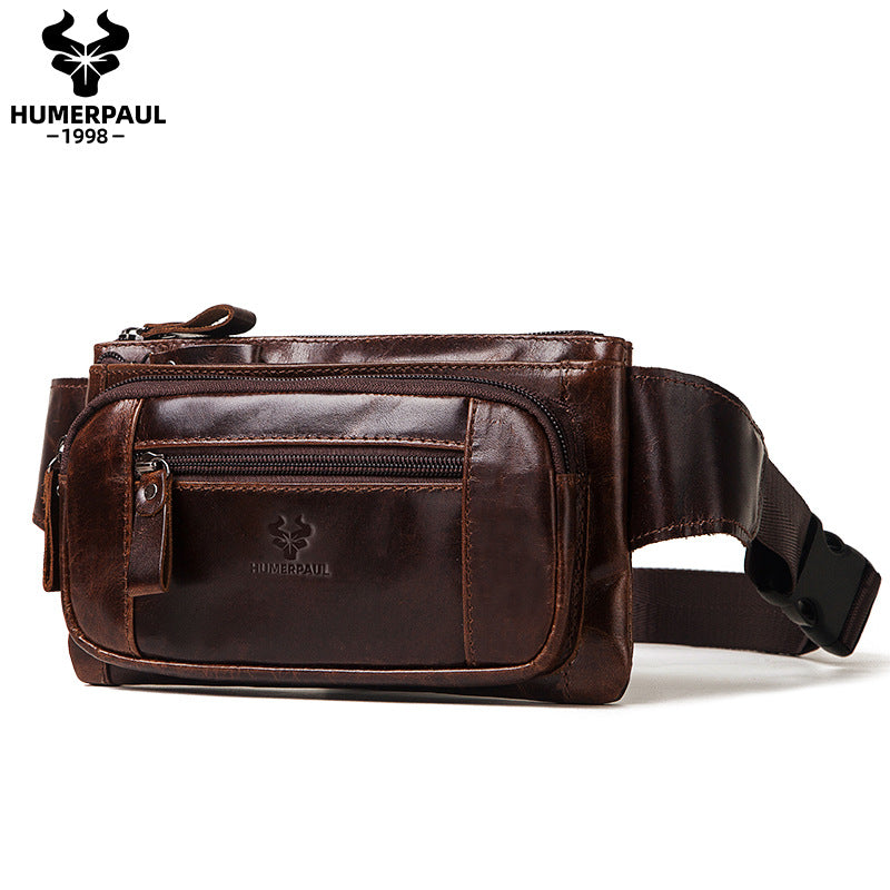 Men's Genuine Leather Waist Bag Packs Dark Brown
