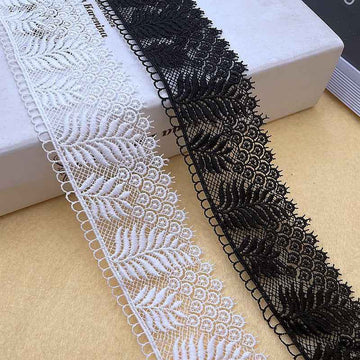 3.7 cm milk silk lace trim in white, embroidered leaf pattern with scalloped edge