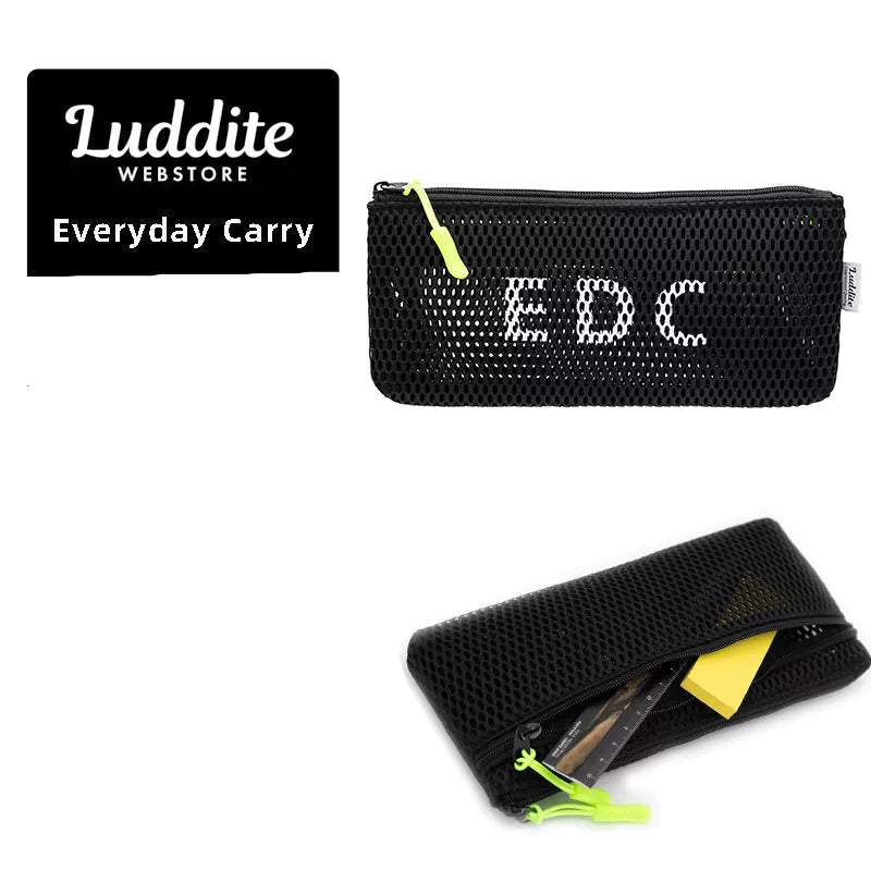 Luddite Slim Mesh Pencil Case & Cosmetic Pouch, 2 Zippered Pockets, 200 × 90 × 20mm Black