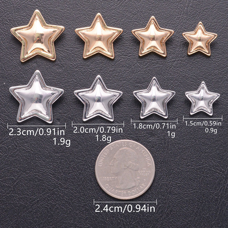 Star-shaped metal shank buttons, gold & silver, size markings 1.5–2.3cm