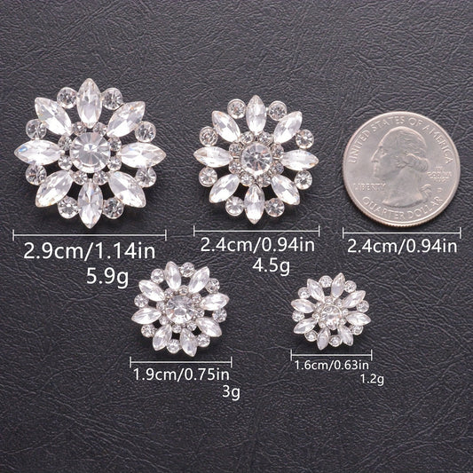 White crystal flower rhinestone shank buttons, multiple sizes shown