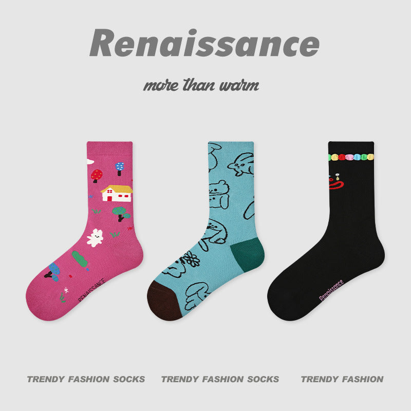 3-pack princess socks: pink village icons, blue line art animals, and black rainbow bead trim