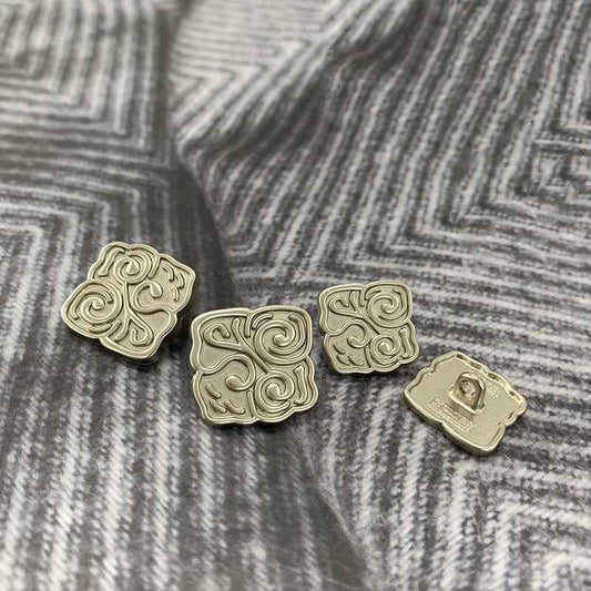 Matte silver square Chinese-style metal button, frosted swirl front