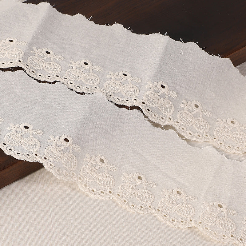 White 60mm lace trim with repeating floral medallion pattern along edge