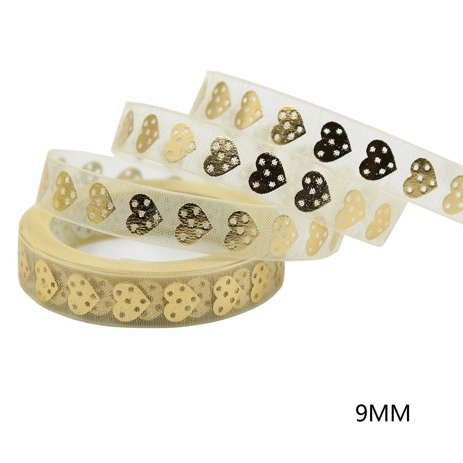 Gold foil small hearts ribbon rolls on sheer white gauze, 9mm width