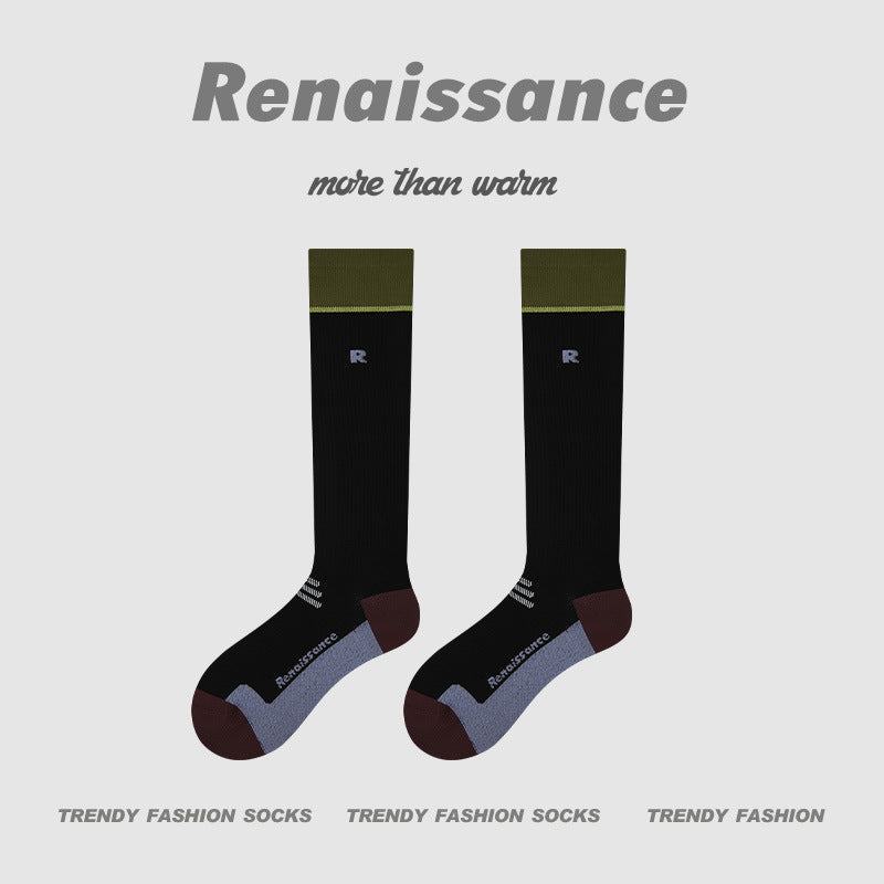 Thin Compression Running Socks for Women, black with olive cuff and maroon toe/heel