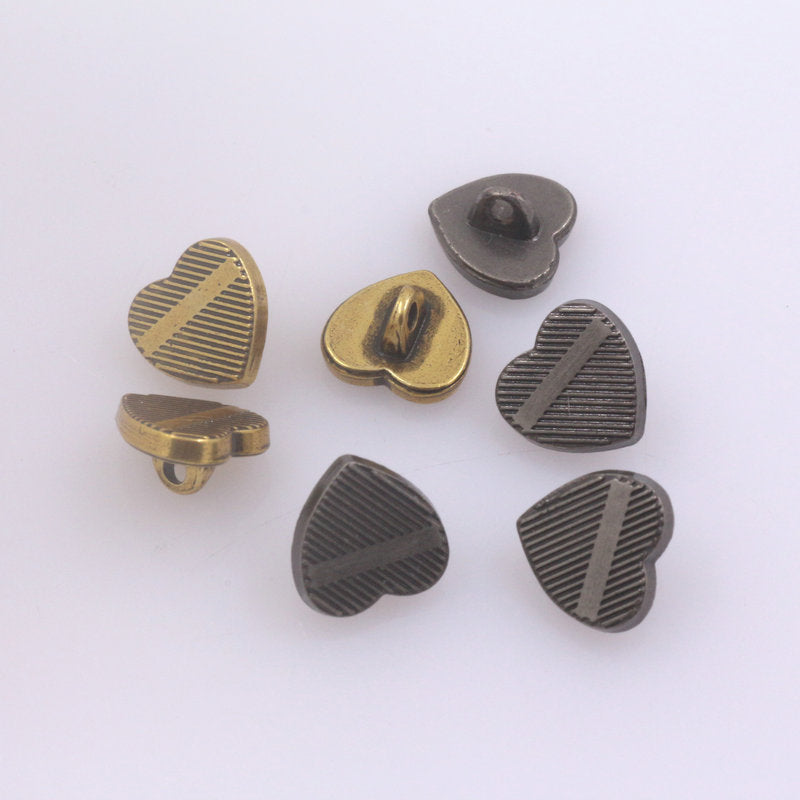 Heart metal shank buttons: vintage gold & nickel with striped heart faces