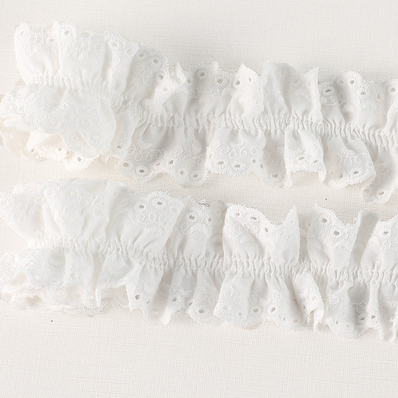 White cotton pleated lace trim, wide scalloped ruffles with dotted eyelet motifs