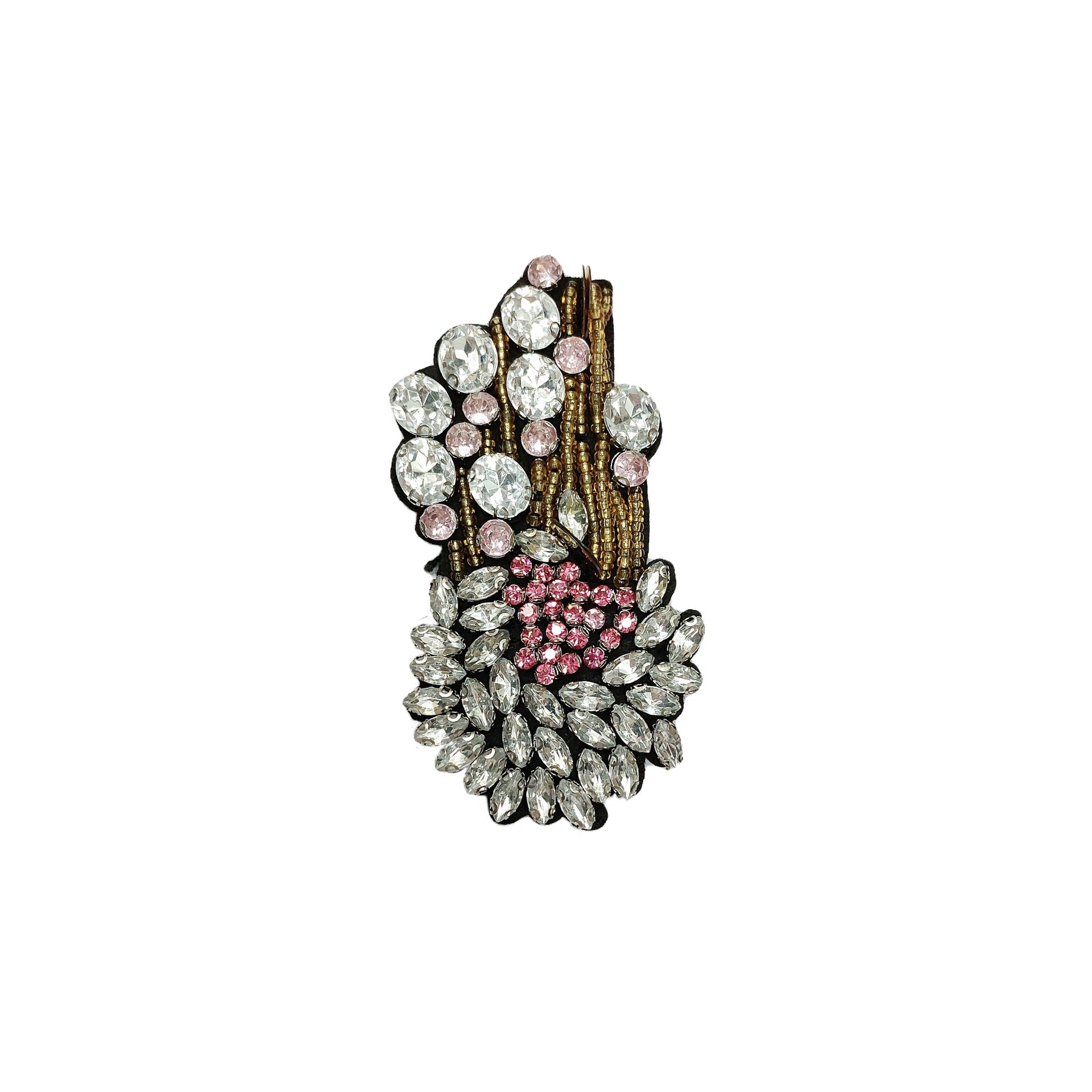 Jeweled hand-shaped patch with clear stones, gold accents, and pink bead center
