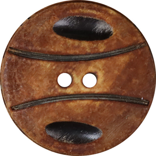 Handmade horn button, round with black oval design and two holes