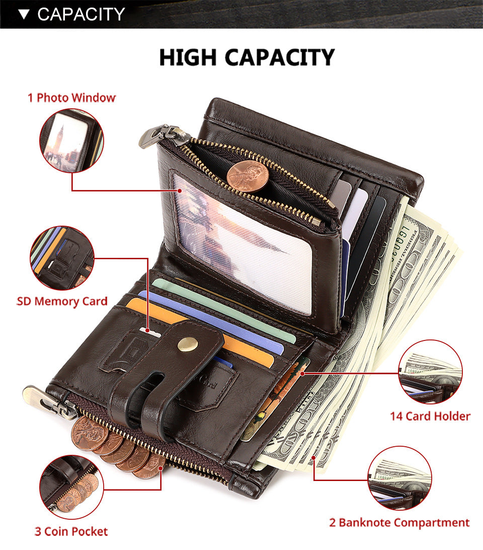Genuine Leather Short Wallet with RFID Protection Tri-Fold Purse
