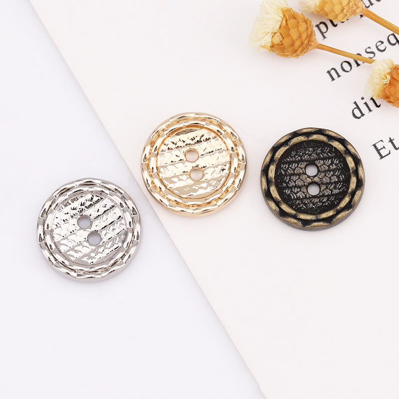Rund Metallknopf-Set mit Spitze am Rand, 2 Löcher: silber, goldfarben, schwarz (3er-Mix)