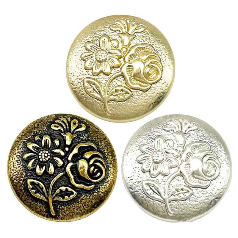 Gold embossed three-flower metal shank button, round decorative center