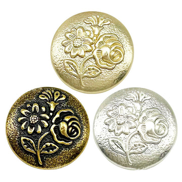 Gold embossed three-flower metal shank button, round decorative center