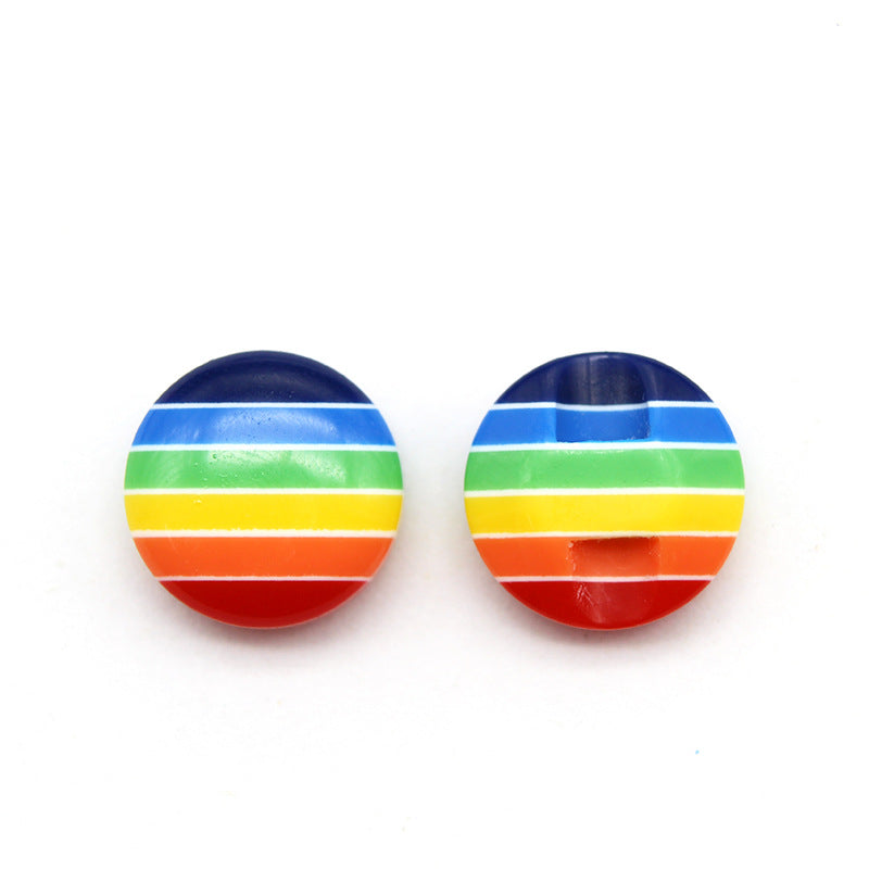 Round rainbow striped resin buttons with hidden hole, blue top with green/yellow and orange-red bands