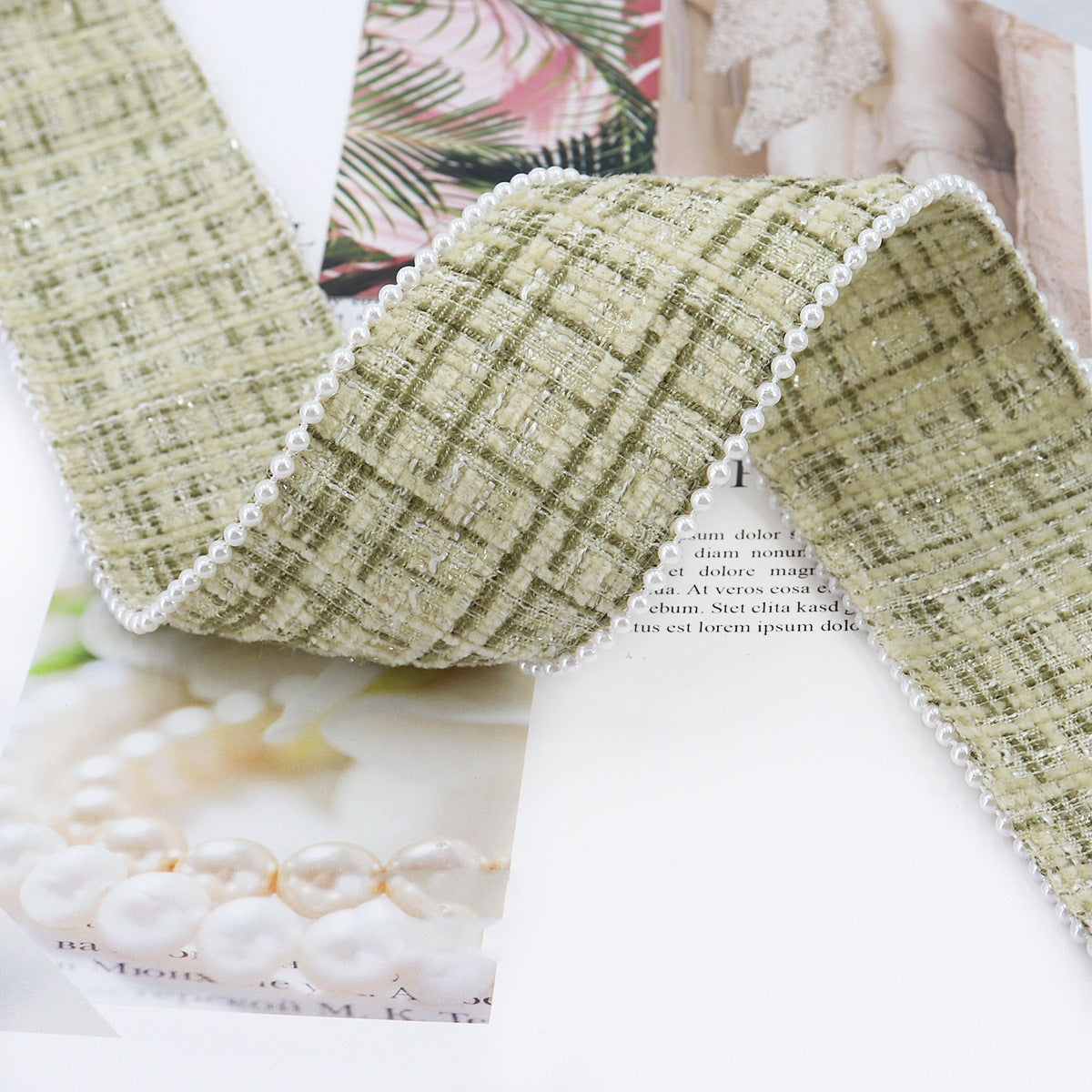 Olive green checkered flannel ribbon with white bead edge, 38mm wide