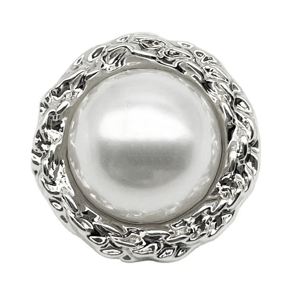 Silver 20mm round ruffled bright white pearl-look metal button, 20 pcs