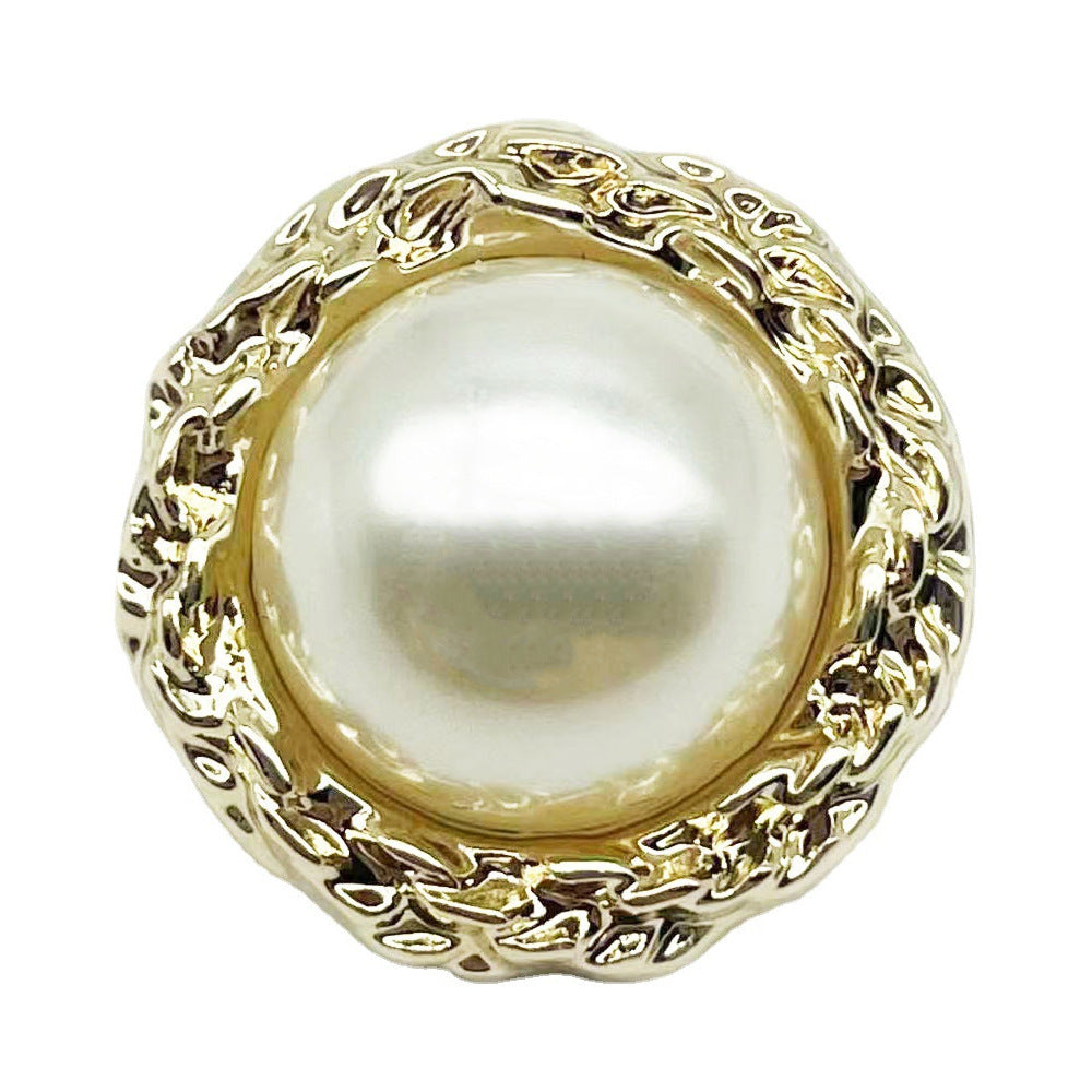 Gold 20mm round ruffled bright white pearl-look metal button, 20 pcs