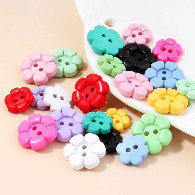 Colorful flower 2-hole plastic buttons in pink, green, black, red, yellow and blue