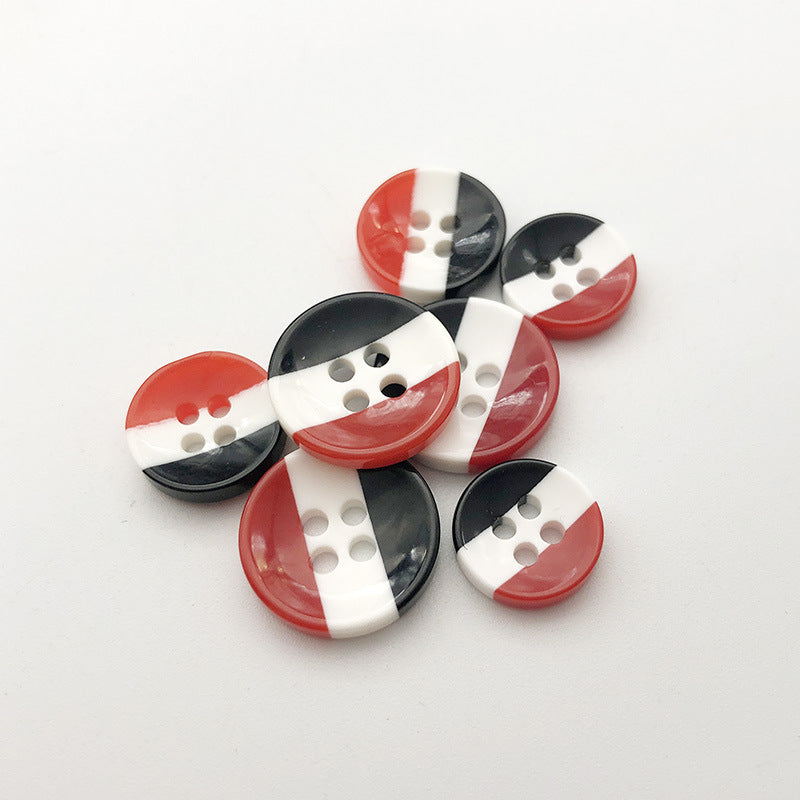 Red/white/black striped resin four-hole shirt buttons, 100 pcs