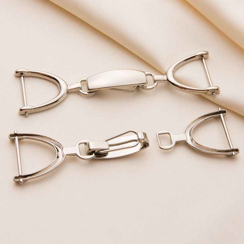 Silver coat hook buckle set, D-shaped hooks with snap bar and white base