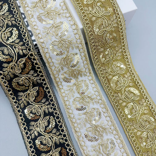 5CM Ethnic Gold Sequin Embroidered Lace Trim 15 Yards Ribbons